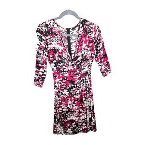 Rena Lange Pink Black White Abstract Print Dress US 12 EU 38 Ruched V Neck Chic